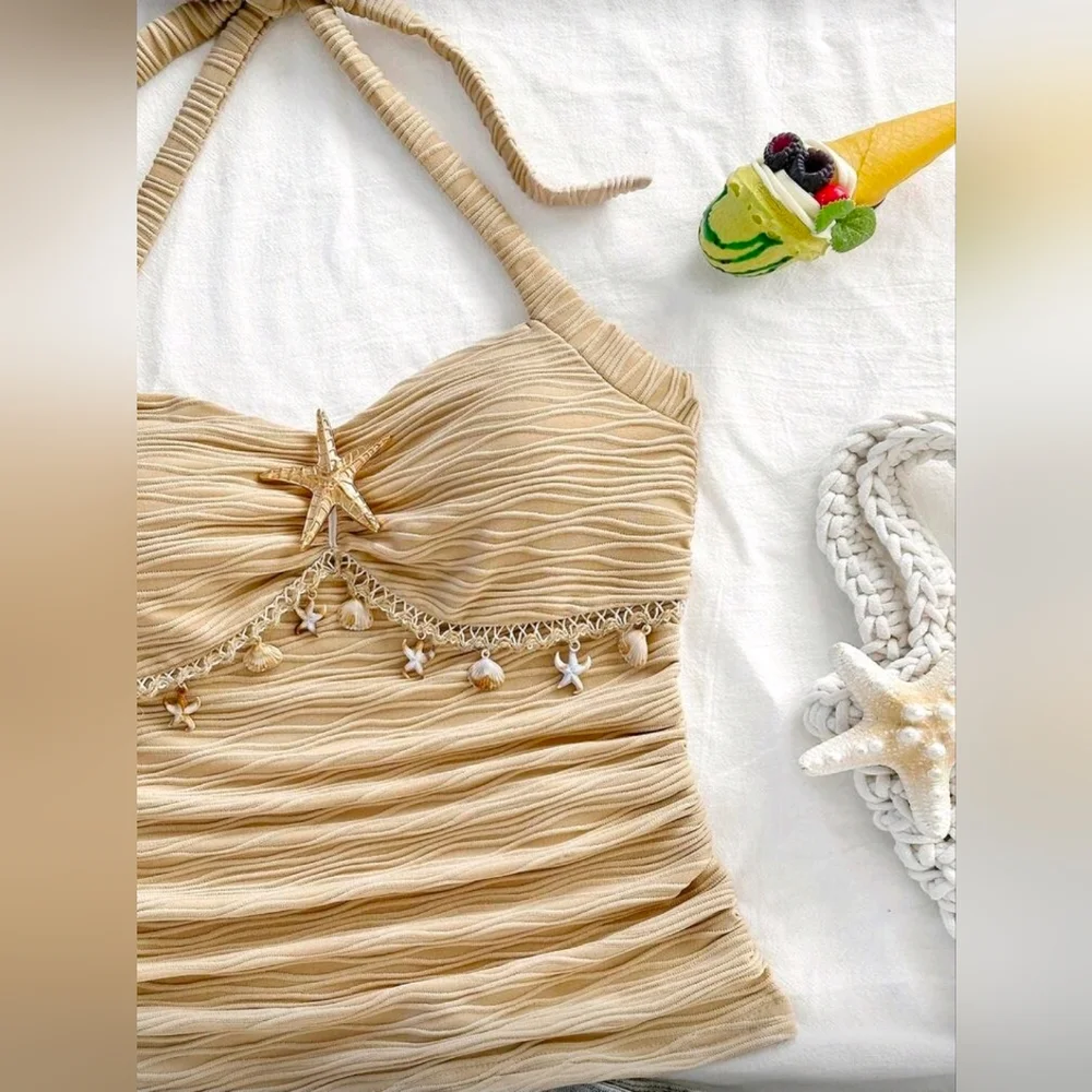 Soleia Tie Strap Starfish Shell Decor V-Neck Metal Buckle Knit Textured Halter - Picture 4 of 7